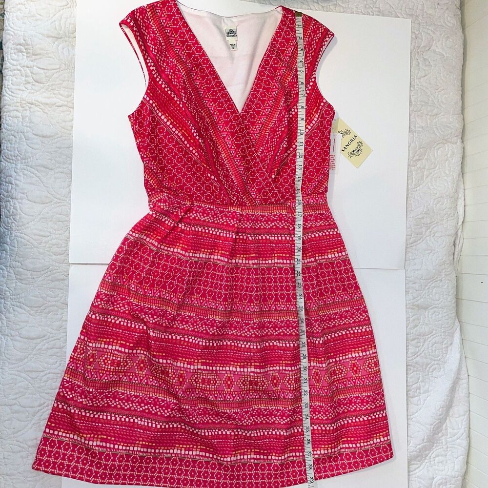 NWT Sangria Signature Pink Multicolor Pattern Fit &Flare V Neck Dress Womens 12 - Picture 11 of 12
